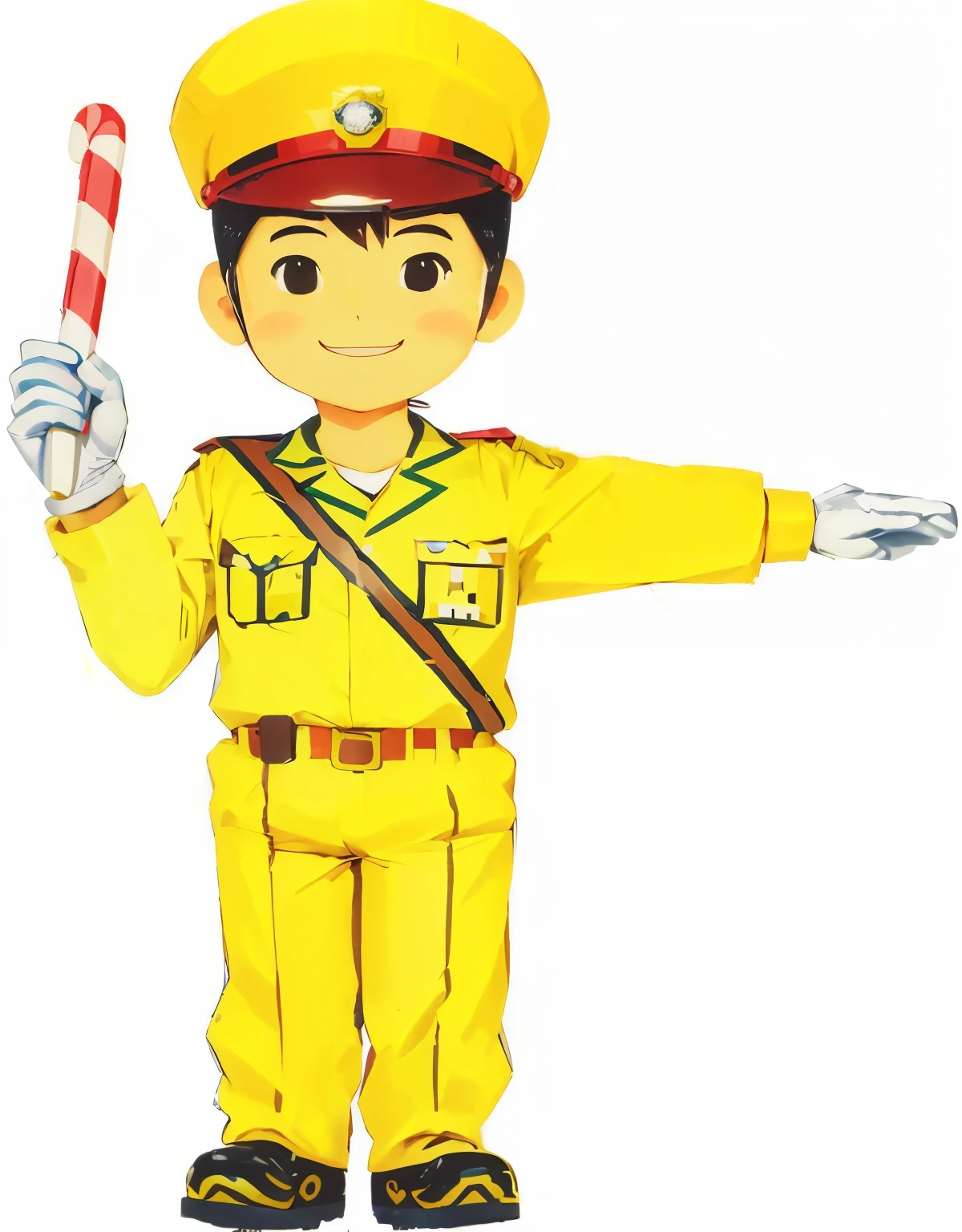 cartoon character of a man in a yellow uniform holding a candy cane, full body mascot, a cartoon, character design police man!!, cartoon still, n -4, n - 4, n-4, n- 4, traffic police woman, character design police man, by Oka Yasutomo, cartoon image, by Un'ichi Hiratsuka, cartoonist