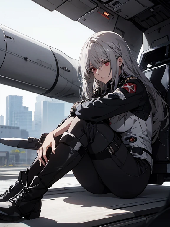 (Confused, High resolution, Very detailed), 1 female, Silver Hair,Long Hair,Red eyes,black pilot suit,Black skinny pants,boots,24th generation,beauty,mature,thin,quiet,Calm,Sad,Sit with your knees hugged,In the cockpit