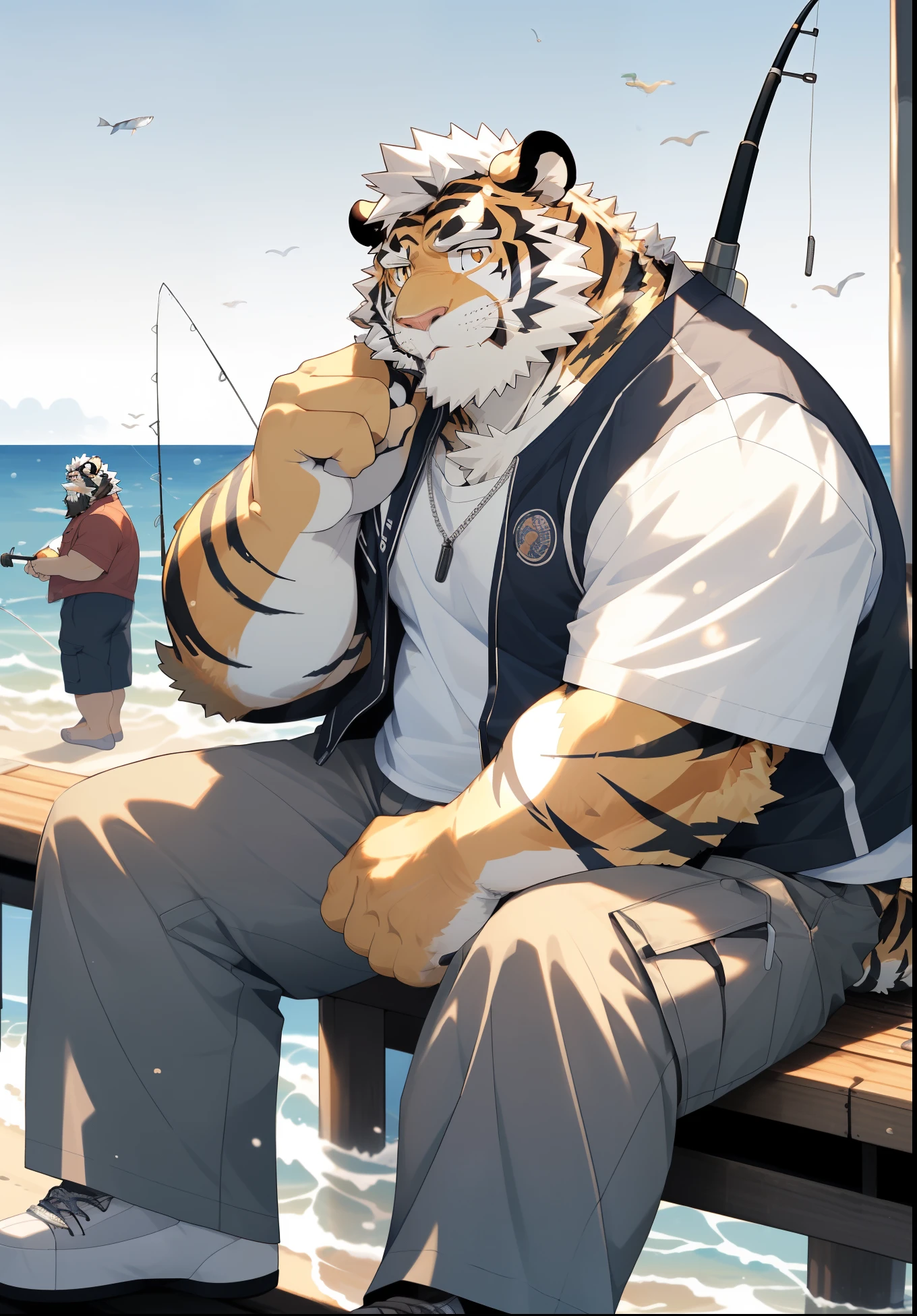 hairy,(tiger,Wearing a white vest,Gray cargo pants,Fishing with a fishing rod),Fishing at the Pier,Looking at the sea,beard,Golden fur,White short hair,Golden pupils,黑色beard,male,Common,Sitting on the seaside pier,Mature,Side view,Cartoon style,Holding a fishing rod and fishing,Real seaside background,极其lifelike阴影,masterpiece,Very detailed,lifelike。
