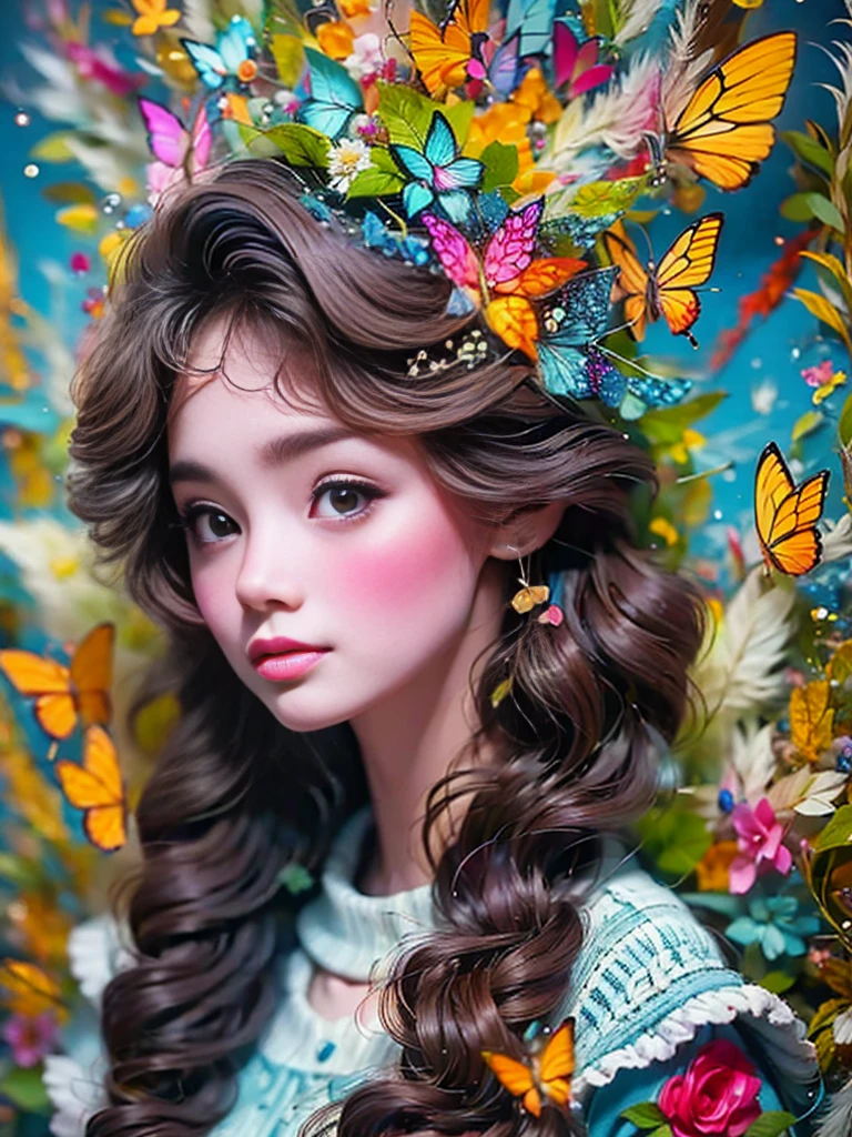 Flower path, journey, Quiet grove, Magical beautiful delicate butterfly, Butterflies of all sizes flutter around it., A serious atmosphere, brightness, Connection with nature, Dusk begins in the background, There is a mysterious and charming atmosphere, There is a long-haired elf in the woods, Delicate face, And very beautiful, crescent hair ornament, rococo style, Conceptual art, first-person view, UHD, anatomically correct, masterpiece, accurate, textured skin, super detail, award winning, 8k