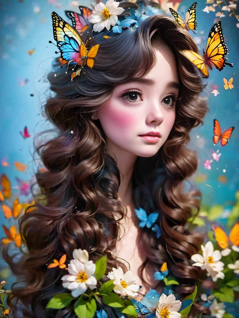 Flower path, journey, Quiet grove, Magical beautiful delicate butterfly, Butterflies of all sizes flutter around it., A serious atmosphere, brightness, Connection with nature, Dusk begins in the background, There is a mysterious and charming atmosphere, There is a long-haired elf in the woods, Delicate face, And very beautiful, crescent hair ornament, rococo style, Conceptual art, first-person view, UHD, anatomically correct, masterpiece, accurate, textured skin, super detail, award winning, 8k