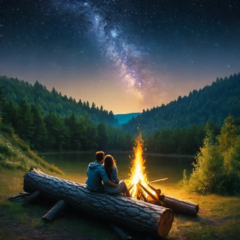 Forest clearing with bonfire, handsome guys sitting happily around the fire on a starry night