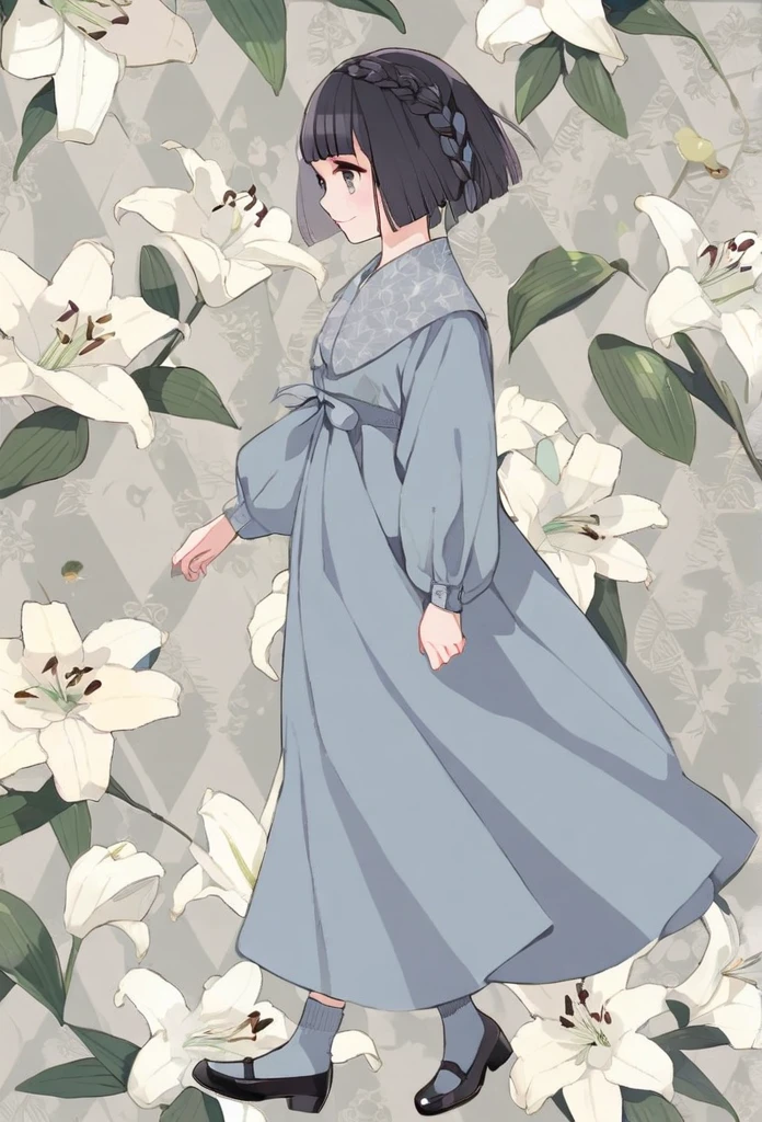 lily patterned background, pale color,(chici:1.5),1girl, braid, blunt bangs, full body, walking, from side, smile, 