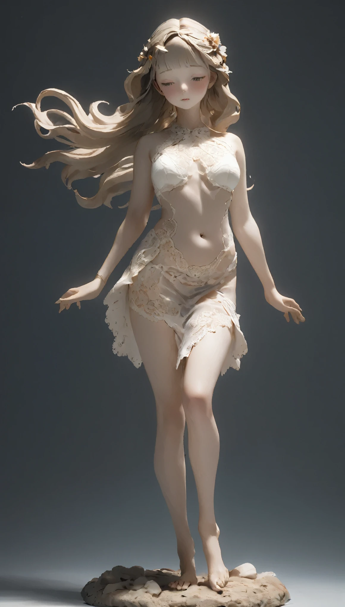 Sexy girl with long straight hair turned into a Quartz statue