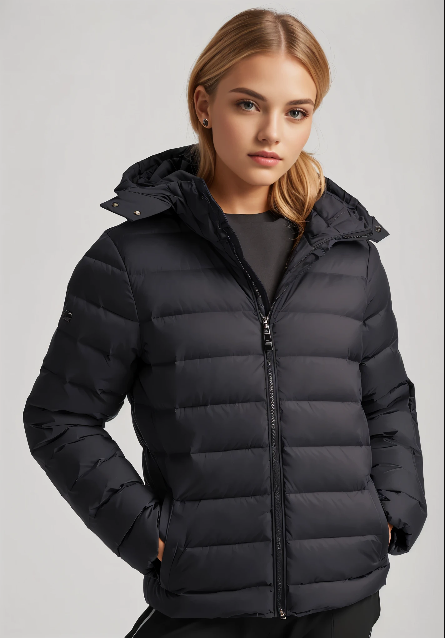 a woman wearing a black puffer jaqueta with a hood, puffer jaqueta, model wears a puffer jaqueta, jaqueta, Corpo robusto, black jaqueta, short jaqueta, roupas esportivas, encapuzado, reflective puffer jaqueta, wearing jaqueta, wearing a fancy black jaqueta, jaqueta over bare torso, antracite, ou preto, fotografia de uma mulher techwear