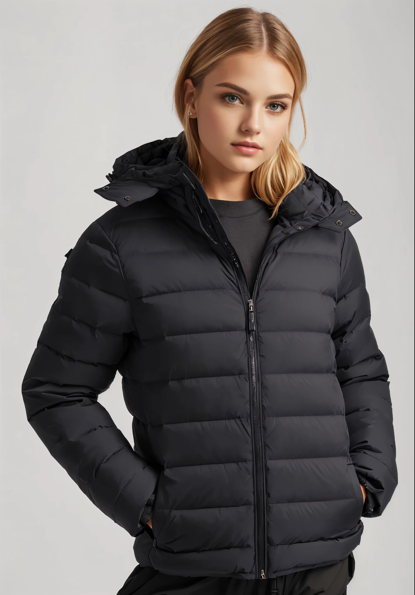 a woman wearing a black puffer jaqueta with a hood, puffer jaqueta, model wears a puffer jaqueta, jaqueta, Corpo robusto, black jaqueta, short jaqueta, roupas esportivas, encapuzado, reflective puffer jaqueta, wearing jaqueta, wearing a fancy black jaqueta, jaqueta over bare torso, antracite, ou preto, fotografia de uma mulher techwear