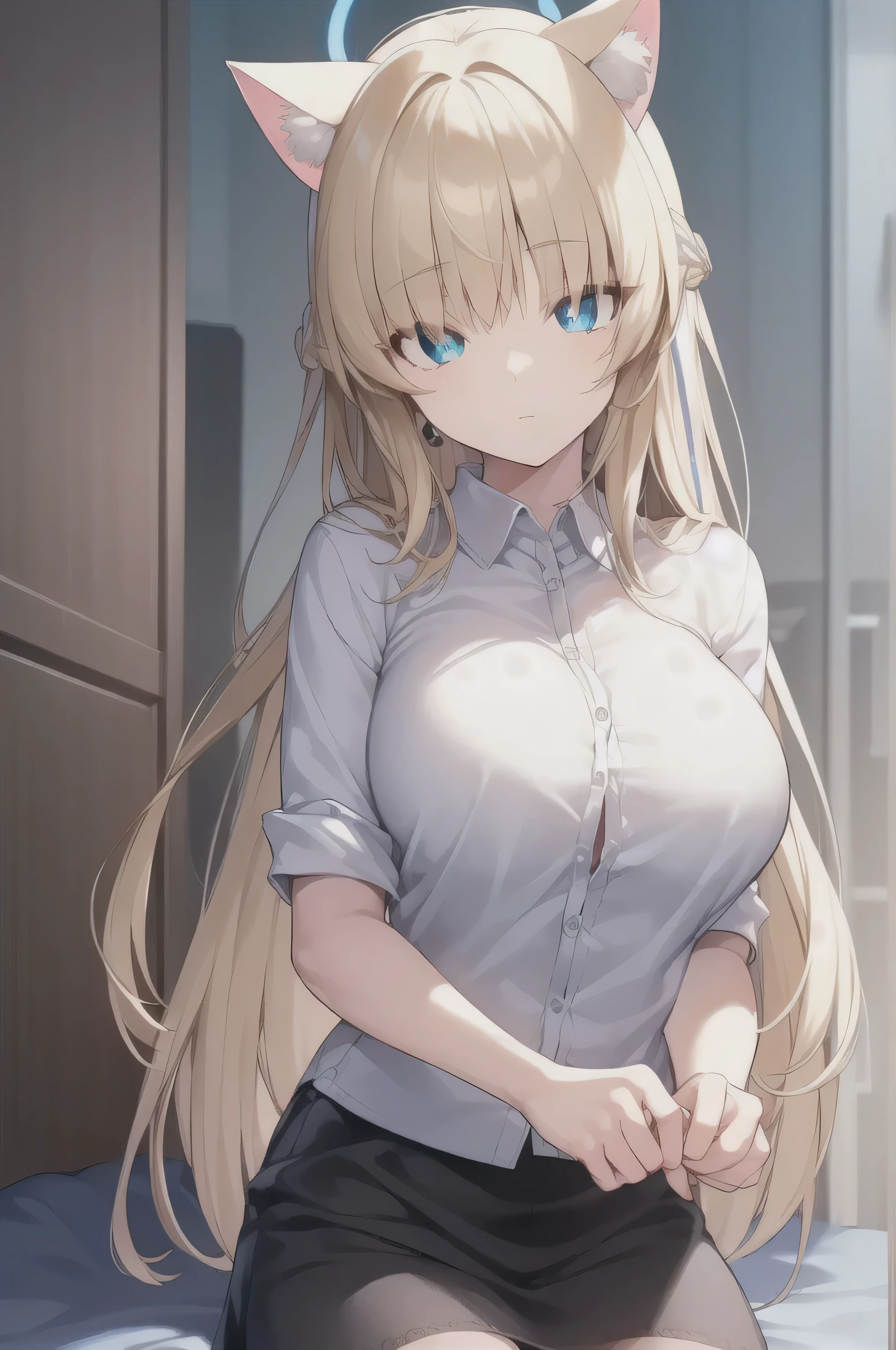 blond hair, long hair, Cat ear, blue eyes:1.5), (Large Breasts:1.2),
Casual Mini Skirt, Black skirt, White shirt, Seto Fuku,Low-cut,cleveage,Close your eyes,
looking at the audience during break,
Rest indoors, Bedroom rest (masterpiece:1.2), best quality, high resolution, Unity 8k Wallpaper, (illustration:0.8), (Beautiful and delicate eyes:1.6), Extremely detailed face, Perfect lighting, Extremely detailed CG, (Perfect hands, Perfect anatomical structure),