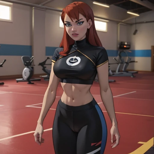 She's a young, slender woman with short, vibrant red hair and bright blue eyes, dressed in fitted gym attire. Confident and determined, she exudes assurance with a strong posture and a self-assured expression. Her domain is the gym, where her infectious energy shines, whether as an athlete or a dedicated instructor.red wet wavy long hair, fit body , huge breasts, gym sportswear black and gold,Thigh sex / thighjob,Thigh sex / thighjob