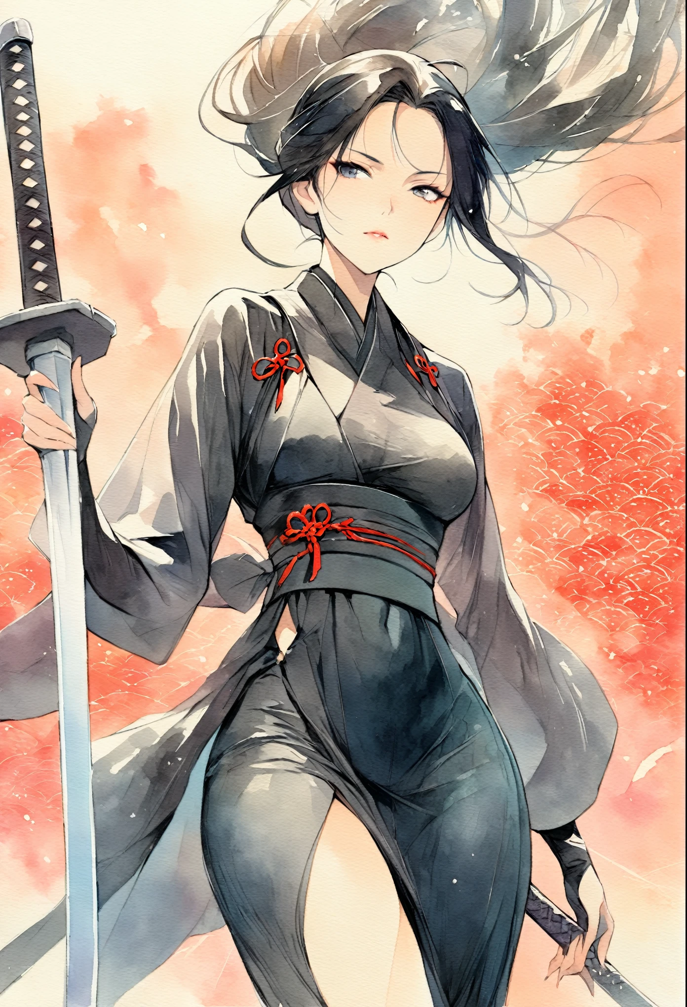 masterpiece, Best quality, Drawing of a black-haired futuristic female ninja illustration, watercolor (medium), 1girl, breast, Dressed in sophisticated modern ninja costumes，Equipped with traditional and technological weapons. She has long black hair，Tied with a red ribbon and a symbol。She must be wearing a high-end black outfit with red accents，These include letters. She was holding a sword，The hilt and scabbard have intricate patterns. The background is the Edo period, Five fingers.