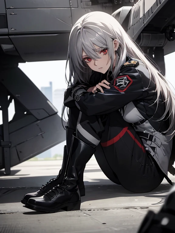 (Confused, High resolution, Very detailed), 1 female, Silver Hair,Long Hair,Red eyes,black pilot suit,Black Pants,boots,24th generation,beauty,mature,thin,quiet,Calm,Sad,Sit with your knees hugged,In the cockpit