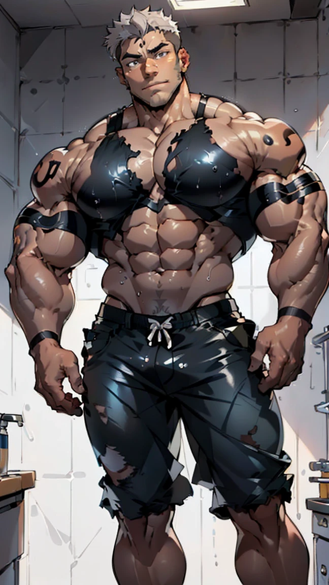 Male tribe, ((male, boy, male, male only, 1man, male sex)), ((((18 years old)))), muscular male, ((male muscle)), male male, male male, male chest, handsome face, ((grey hair, short hair, very short pointed hair, grey hair with blue bleached hair, inner hair)))), ((grey eyes :1.3))), Complex eyes, beautiful detailed eyes, symmetrical eyes, big eyes :1.5, ((Black skin, dark skin, shiny skin :1.5), tanned skin, bright skin :1.5, tanned skin, shiny skin, very shiny body)), ((Exaggerated muscles, exaggerated shoulders, very muscular and huge)), ((muscular, hairy body, muscular man, tall man, big toe, abs, big thighs, wide shoulders, open chest)), ((detailed face and eyes), ((trimmed)), (square chin)(nsfw), ((((bare chest, bare torso)))), (barefoot,), (bump of pants)),), ((Tattoo and mark :1.5)), ((Tattoo and mark :1.5)), ((topless, topless,), wearing casual shorts :1.3, baggy shorts)), ((ripped clothes, wet clothes, complicated clothes)), dynamic pose, looking at the audience, (serious, piercing eyes), middle, proportion to fit size, rule of three, ((tattered utility room)), winter, landscape :1.25, ((complex landscape), (messy background)), dirty rags everywhere, (tattered utility room background, tattered utility room), extreme landscape, (color spots everywhere), light blue yarn, modern style, run-down room, (sunrise, light blue moment), (No glossy fabric decorations), high resolution, sharp focus, (Super detailed, very detailed), (Realistic artwork :1.37), (very detailed CG unified 8k wallpaper), ((Bright colors, vibrant theme)), (Complex), (Masterpiece), (best quality), Art Photography, (DSLR photography), (Complex background), Perfectly rendered face, perfect face detail, realistic face, photo-realistic, ((intricate detail)), ((realistic)), ((Exaggerated muscles, exaggerated shoulders, very muscular and huge)), ((muscular, hairy body, muscular man, tall man, big toe, abs, big thighs, wide shoulders, open chest)),((Hands droop naturally))