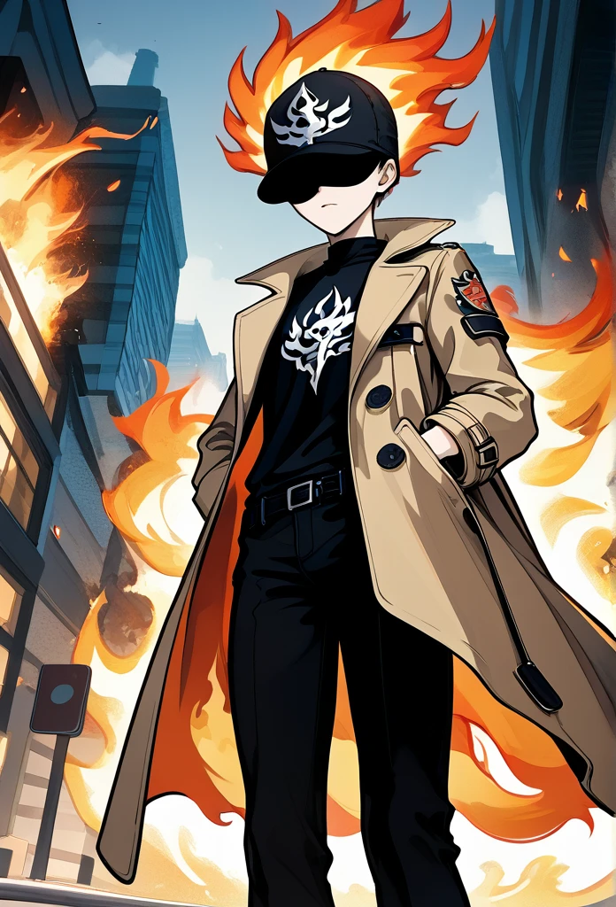 adult male, (completely black head, charcoal head, head on fire, head in flames, head covered in flames), (no face, unseen face), tall, fit body, (golden eyes, side eyeing viewer), (long trench coat, black t-shirt, black pants), hands in trench coat, below view, sidewalk, morning, cowboy shot