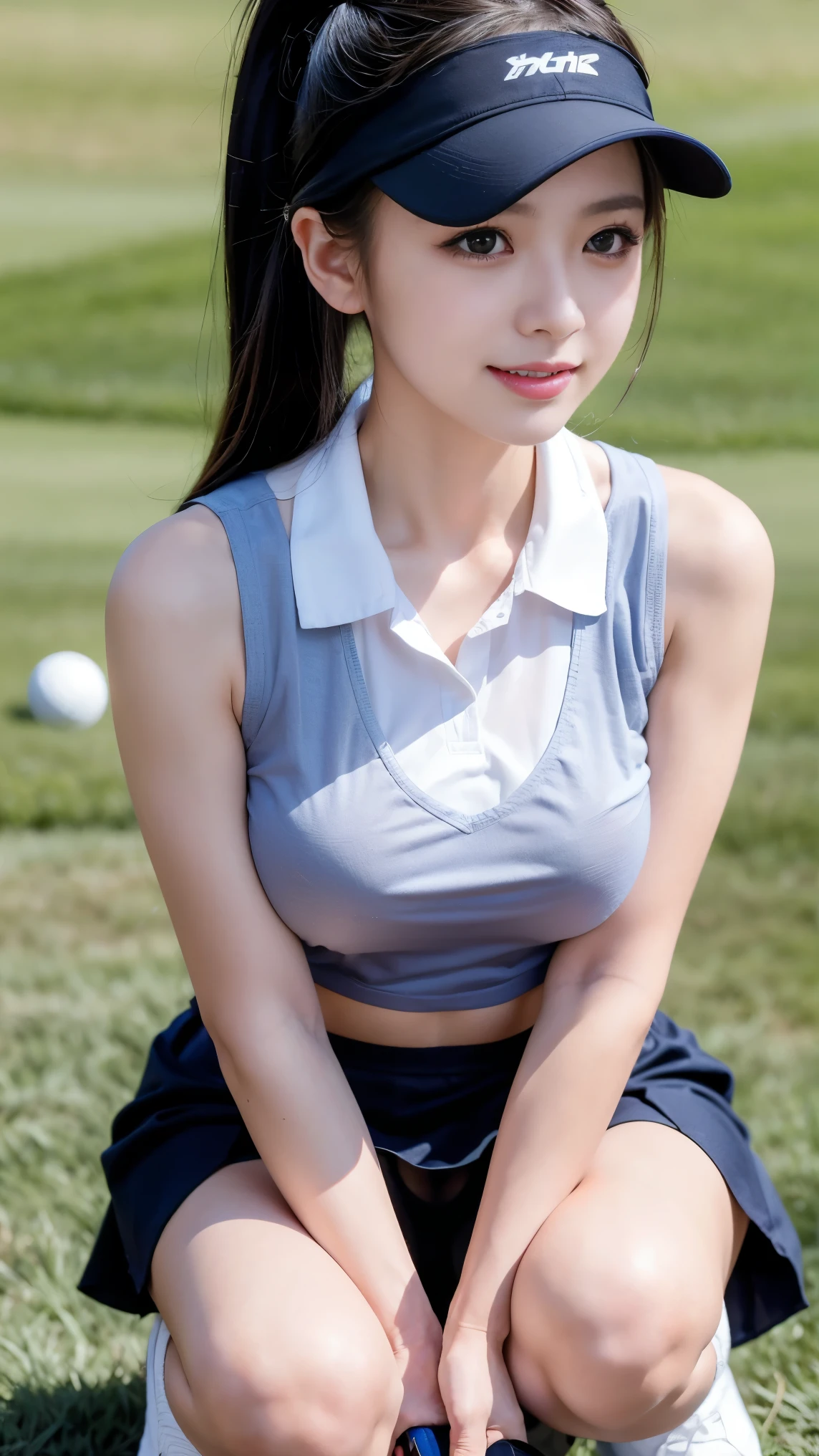 Masterpiece，highest quality，Highest quality，8k，Ultra-high resolution，Extremely detailed，Beautiful Japanese woman in golf wear, Real person, Detailed body,smile，sexy，glamorous，tall,ponytail,Large Breasts,G-Cup,Big Ass,Sun visor,Sleeveless polo shirt worn next to bare skin(see-through)，A mini skirt worn on bare skin(see-through),Knee-high socks,squat,Get down on one knee，Live Action, Skirt flip, (A woman happily practices with a putter in hand, discussing the grain of the putting line with her classmate.)，