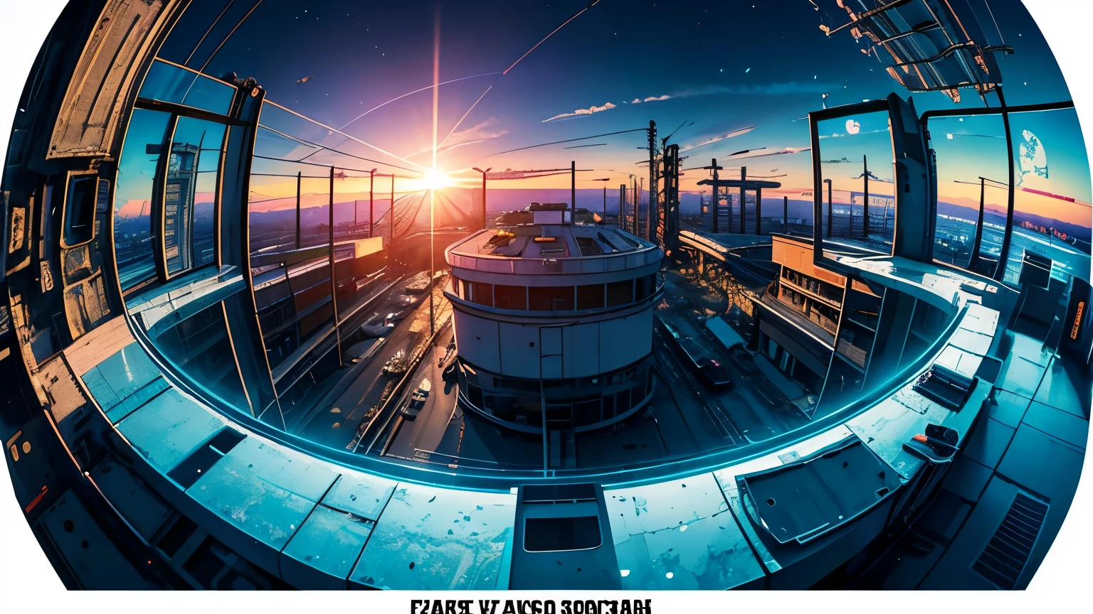 (Fish-eye lens),Icon, Logo, Very Wide White Background, Extreme Quality, Masterpiece, 8k, Depth of Field, Complex Detail, (No People), Very Large Margin, Lots of Text, Corporate Logo, Space, Motif, Emblem, Movie Poster-Like, Fisheye, (Abandoned Factory), (Lots of Wires), Spacecraft, Moon, Sun Flare, sunset, snow