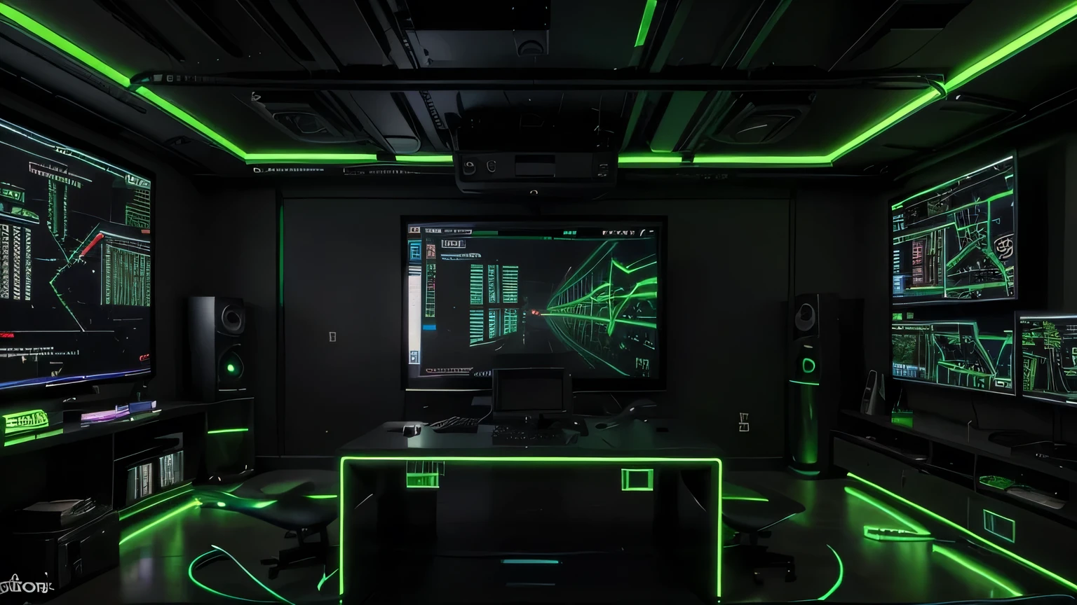 Create a detailed and immersive hacker room scene in 1920x1080 resolution, featuring a dark and moody atmosphere with predominant green tones. The room should be filled with high-tech equipment, including multiple computer screens displaying complex code, graphs, and digital maps. LED lights and neon accents should illuminate the space, casting a greenish glow across the room. Include elements like keyboards, cables, and tech gadgets scattered around. The walls may have some digital projections or graffiti to enhance the hacker vibe. The overall mood should be intense and mysterious, capturing the essence of a high-tech, underground hacker's lair.