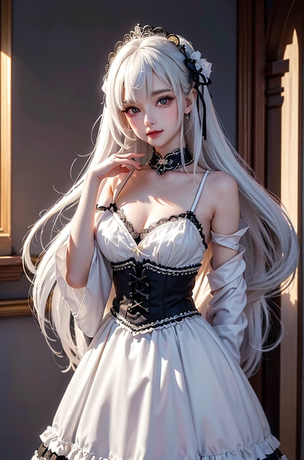 (masterpiece:1.4, best quality, 8k, dutch angle,Realistic、Photorealistic illustrations, Every detail、Intricate details)(1girl, solo)(cute girl, Detailed faces down to the smallest detail、 small beautiful breasts, beauty white hair:1.5, Cute Asian Girl、Beautiful cleavage)(Gothic、ta Costume、black gothic dress、Monotone dress)(Put your hand on the wall, floating hair)(Britain in the late 20th century、A row of stone houses、out door、moon、Soft Light、Fantastic lights、Beautiful hair that shines through the light)