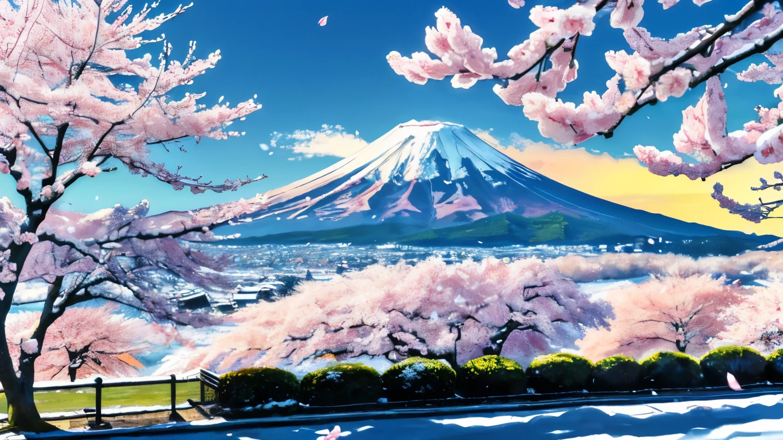 ((Top Quality)), ((Top Product)), With the beautiful symbol of Japan, Mt. Fuji, in the background, a snow hanging in the center, a row of pale pink Someiyoshino cherry blossoms on either side, cherry petals dancing in the wind, gentle and soft natural beauty and an open large park observation area in the center, the image is detailed and in high quality. ((Quality)), ((Masterpiece)), ((Detail)), Perfect Mt.、Vivid and clear colors in images,The season is cherry blossom season in spring,