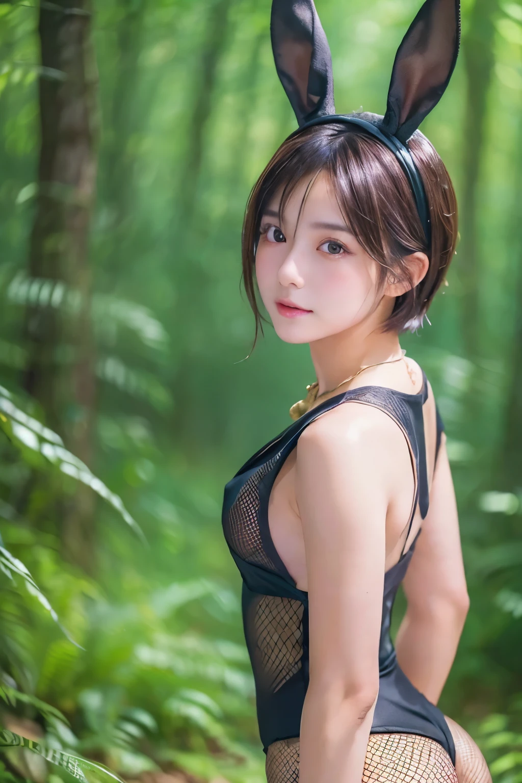 ((highest quality)), ((masterpiece)), ((Beauty))、(Bunny Girl Cosplay、Bunny Girl Costume)、Realistic photos with every detail、short hair、Young face、Realistic Skin、Realistic Face、Blur the background, jewelry,Hands behind head、No makeup、Fishnet tights、From the side、In the forest where light spills
