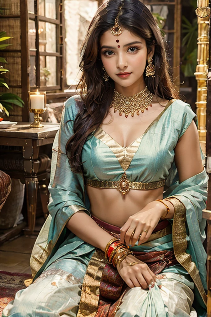 masterpiece, centered, ****ung Indian woman with a cute and radiant face, featuring exquisitely detailed eyes, expressing a mix of shyness and joy, dressed in vibrant traditional Indian attire. She has a slim figure and medium-sized breasts. Generate an 8k image, risbeauty indian, sitting on the lap of a handsome king of dark complexion in white gold plated indian dhoti, bare upper body with ancient indian male jewelry, male necklace with a bow
