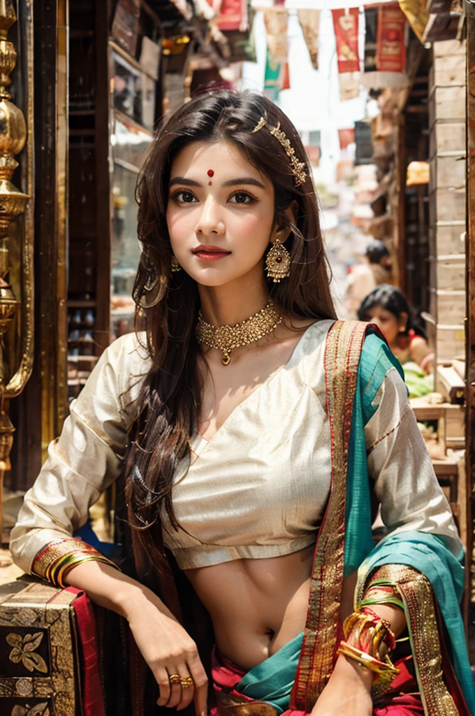 masterpiece, centered, ****ung Indian woman with a cute and radiant face, featuring exquisitely detailed eyes, expressing a mix of shyness and joy, dressed in vibrant traditional Indian attire. She has a slim figure and medium-sized breasts. Generate an 8k image, risbeauty indian, sitting on the lap of a handsome king of dark complexion in white gold plated indian dhoti, bare upper body with ancient indian male jewelry, male necklace with a bow
