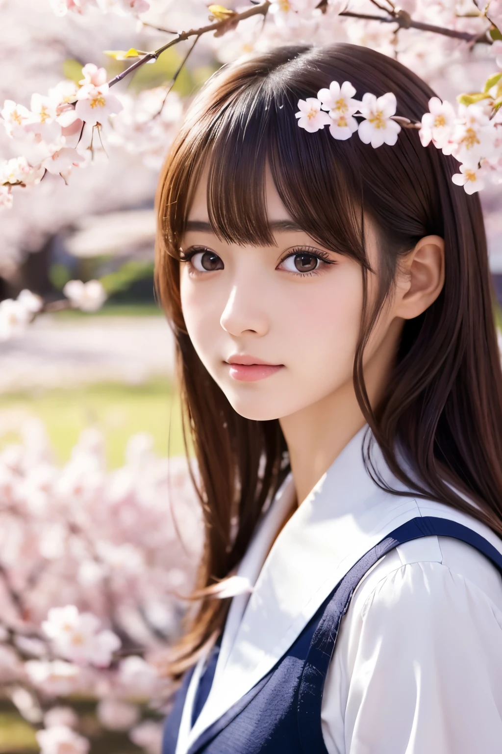 kawaii japanese high school girl, 1girl, beautiful detailed eyes, beautiful detailed lips, extremely detailed face and head, long eyelashes, , school girl, cute expression, standing pose, cherry blossom, sakura trees, japanese garden, sunlight, warm lighting, vibrant colors, soft focus, highly detailed, 8k, photorealistic, intricate details, digital art