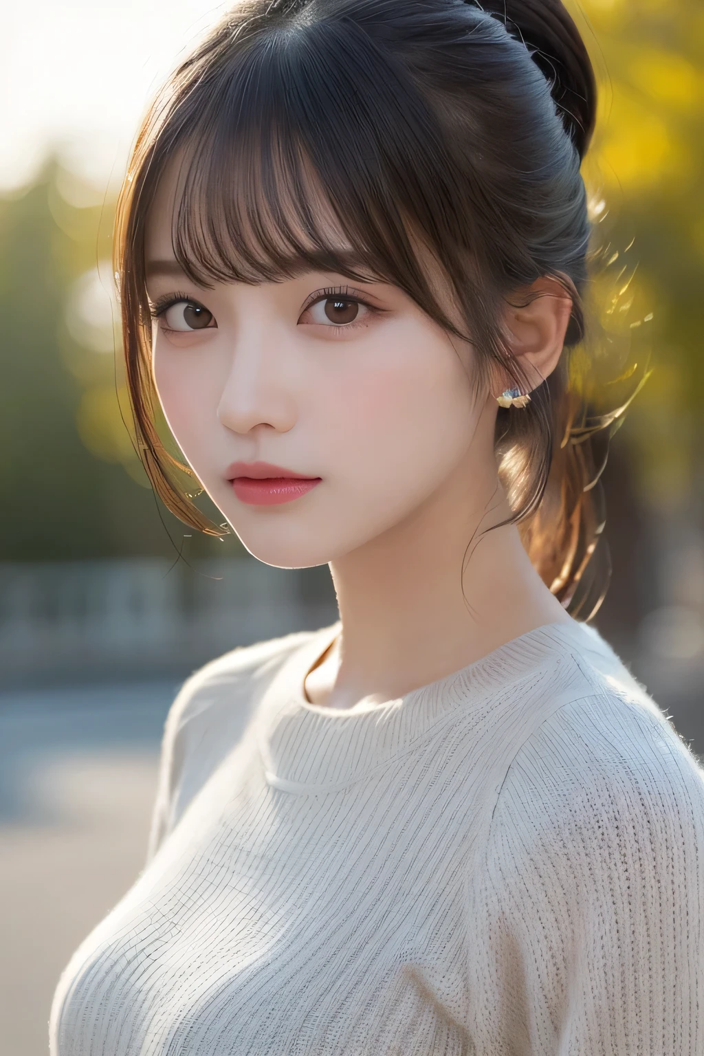 finely detail, hight resolution, hightquality、Perfect dynamic composition, Beautiful detailed eyes, Medium Hair, small tits、Natural Color Lip,Kamimehibuya、20 years girl、1 persons、Transparent skin、Glowing hair、masutepiece, Best Quality, Illustration, Ultra-detailed, finely detail, hight resolution, 8K、The correct state of the human body、Randomly cute poses,Ponytail hair,beauty legs,Perfect beautiful face,KPOP Idol Face,Face that feels ecstasy,Pale light grey knitted dress,Background blur,Randomly dress up as a model for a women's fashion magazine