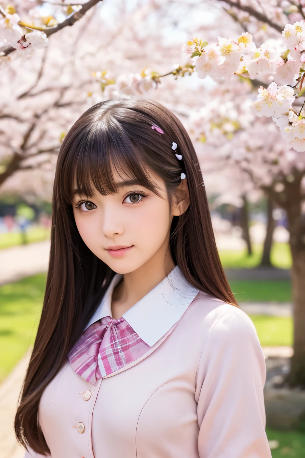 kawaii japanese high school girl, 1girl, beautiful detailed eyes, beautiful detailed lips, extremely detailed face and head, long eyelashes, , school girl, cute expression, standing pose, cherry blossom, sakura trees, japanese garden, sunlight, warm lighting, vibrant colors, soft focus, highly detailed, 8k, photorealistic, intricate details, digital art