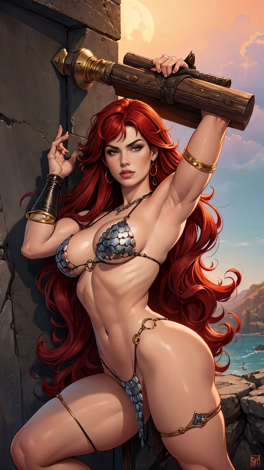 Artistic image of a Red Sonja, sacanagem, peituda, Lindos Seios Grandes, por artgerm, Louis Royo, perfurou um vale, foco extremo, sharp details, sensual, pele oleosa, sensual, danadinho, dynamic pose,