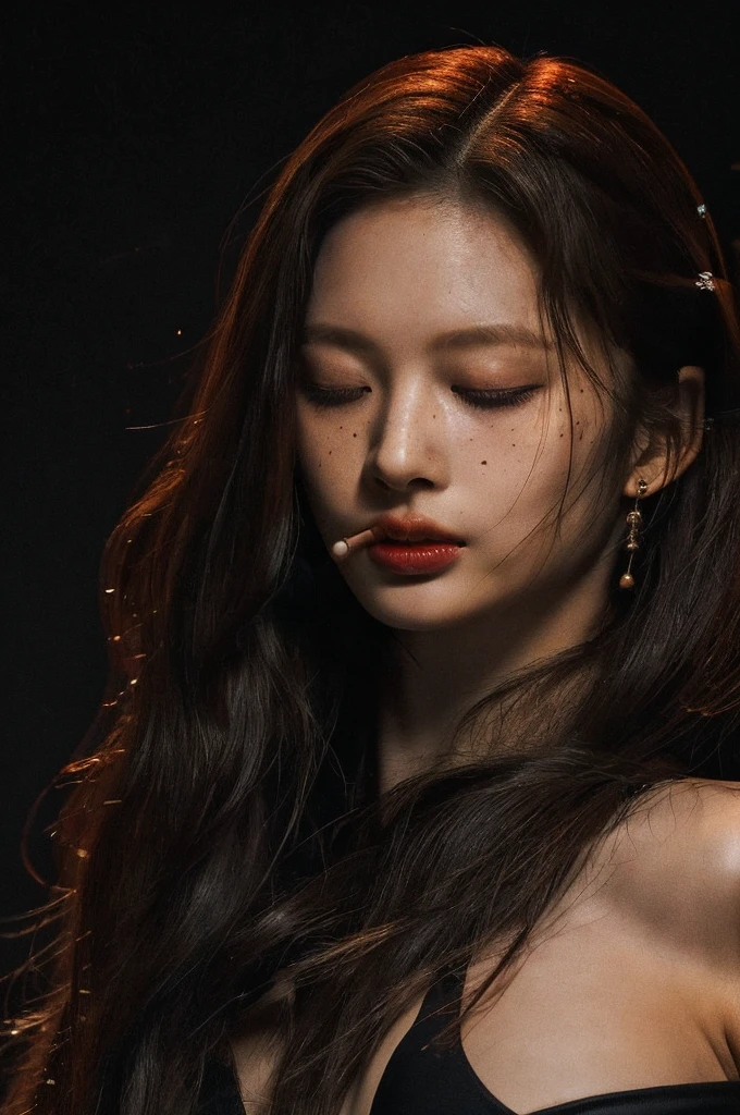 1girl,cigarette,solo,long hair,hair over one eye,mouth hold,jewelry,smoking,earrings,mole under eye,closed eyes,lips,mole,freckles,flame,dark background,black bra strap,upper body,