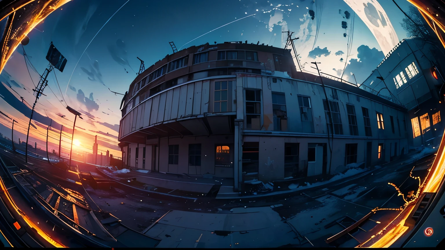 (Fish-eye lens),Icon, Logo, Very Wide White Background, Extreme Quality, Masterpiece, 8k, Depth of Field, Complex Detail, (No People), Very Large Margin, Lots of Text, Corporate Logo, Space, Motif, Emblem, Movie Poster-Like, Fisheye, (Abandoned Factory), (Lots of Wires), Spacecraft, Moon, Sun Flare, sunset, snow
