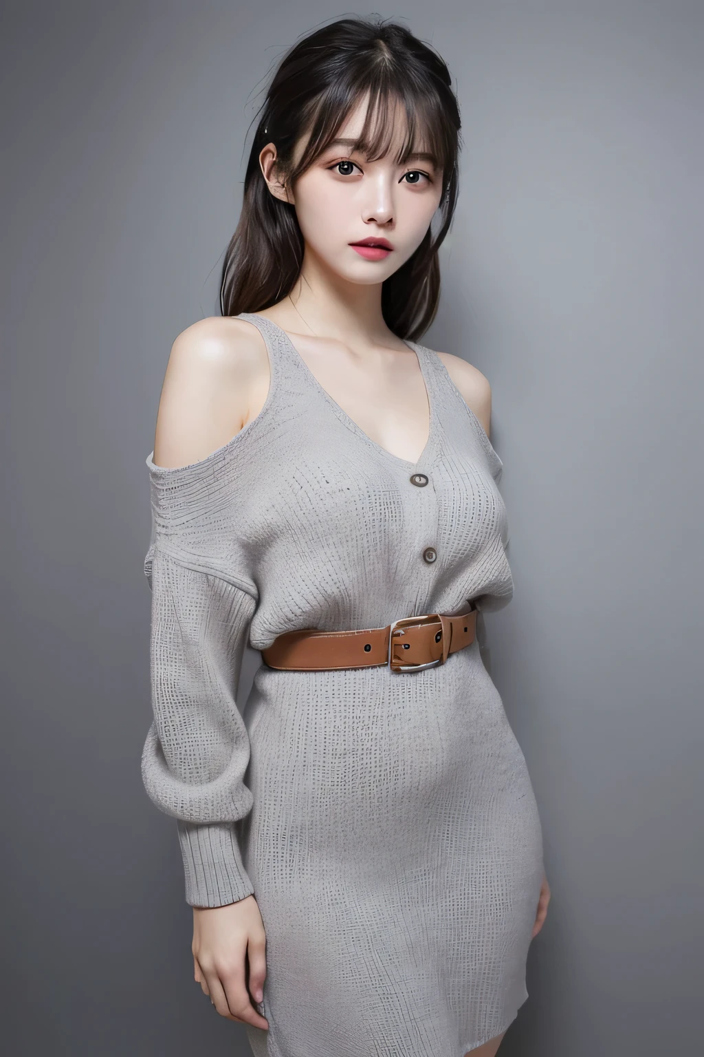 finely detail, hight resolution, hightquality、Perfect dynamic composition, Beautiful detailed eyes, Medium Hair, small 、Natural Color Lip,Kamimehibuya、20 years girl、1 persons、Transparent skin、Glowing hair、masutepiece, Best Quality, Illustration, Ultra-detailed, finely detail, hight resolution, 8K、The correct state of the human body、Randomly cute poses,Ponytail hair,beauty legs,Perfect beautiful face,KPOP Idol Face,Face that feels ecste light grey knitted dress,Background blur,Randomly dress up as a model for a women's fashion magazine