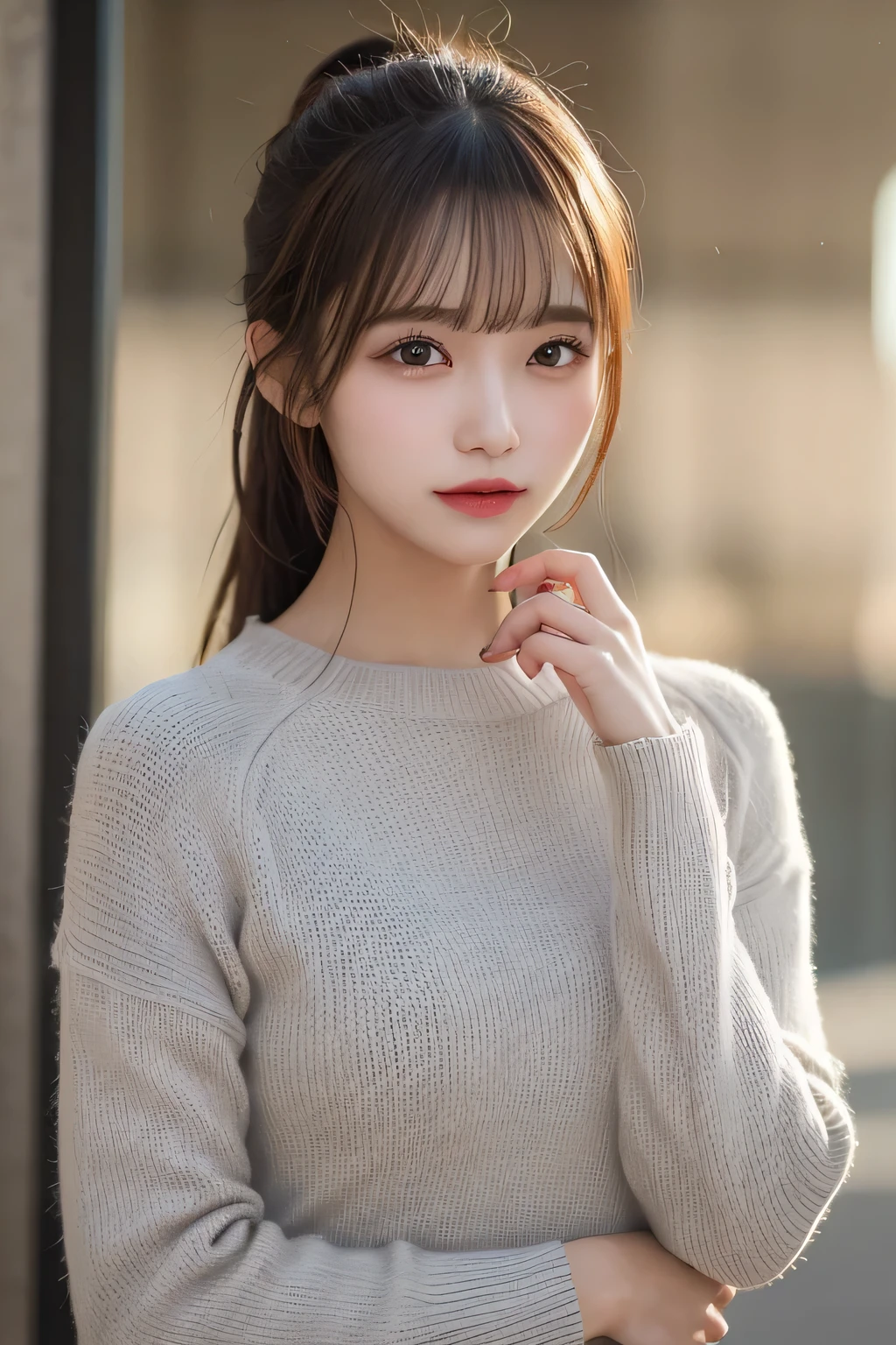 finely detail, hight resolution, hightquality、Perfect dynamic composition, Beautiful detailed eyes, Medium Hair, small tits、Natural Color Lip,Kamimehibuya、20 years girl、1 persons、Transparent skin、Glowing hair、masutepiece, Best Quality, Illustration, Ultra-detailed, finely detail, hight resolution, 8K、The correct state of the human body、Randomly cute poses,Ponytail hair,beauty legs,Perfect beautiful face,KPOP Idol Face,Face that feels ecstasy,Pale light grey knitted dress,Background blur,Randomly dress up as a model for a women's fashion magazine