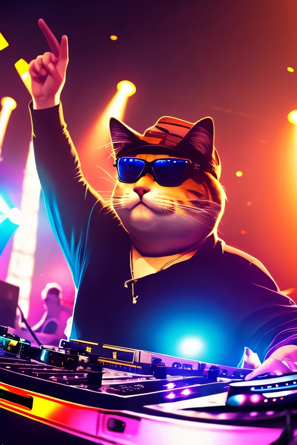 Fat cat wearing sunglasses,DJ on stage at a club,Lots of people in the crowd getting into the groove