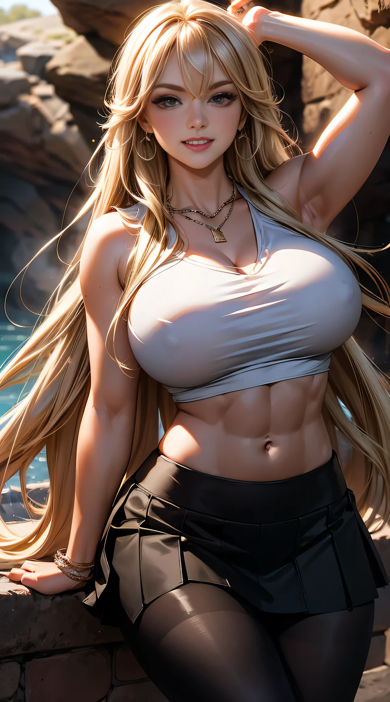 American Beauty, Blonde long hair, Abdominal muscles, Looking at the audience, leggings, super Huge breasts, Super-sized reality, Charm,necklace,Hollywood, Earrings, Super star, Detailed face, (StableDiffusion), Radial Lighting, Depth of written boundary, Low Cut, Huge breasts,smile,mini skirt,Very young,Happy,White skin,performance,Light,strong,Tall woman,Mature Woman,Mature charm,skirt,Noble,Charming curves,Fishnet tights, Huge breasts, Charmsmile,Facing the audience head-on, masterpiece, 最high quality, high quality, High resolution, ((In the cave)), Upper body portrait