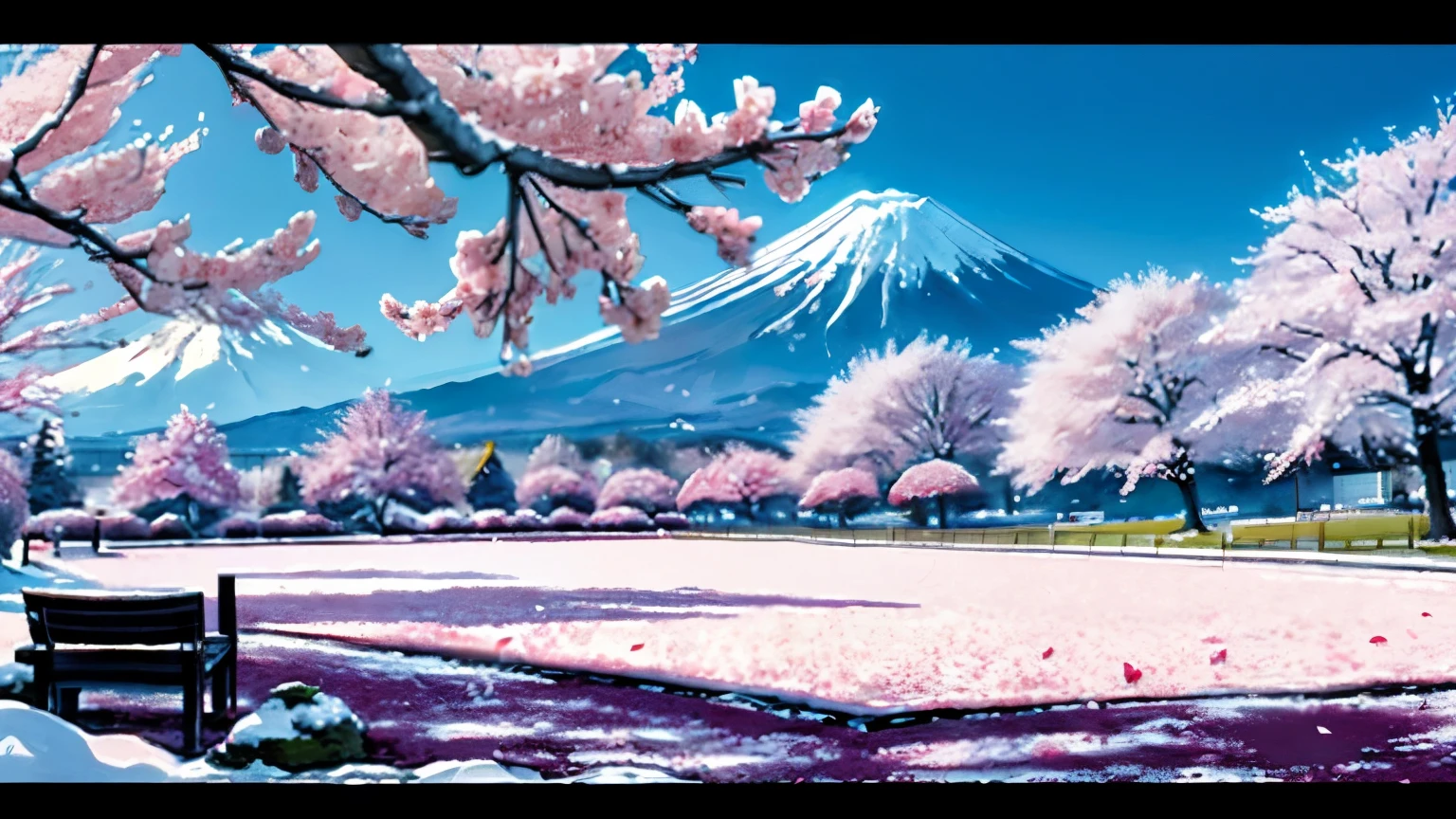 ((Top Quality)), ((Top Product)), With the beautiful symbol of Japan, Mt. Fuji, in the background, a snow hanging in the center, a row of pale pink Someiyoshino cherry blossoms on either side, cherry petals dancing in the wind, gentle and soft natural beauty and an open large park observation area in the center, the image is detailed and in high quality. ((Quality)), ((Masterpiece)), ((Detail)), Perfect Mt.、Vivid and clear colors in images,The season is cherry blossom season in spring,