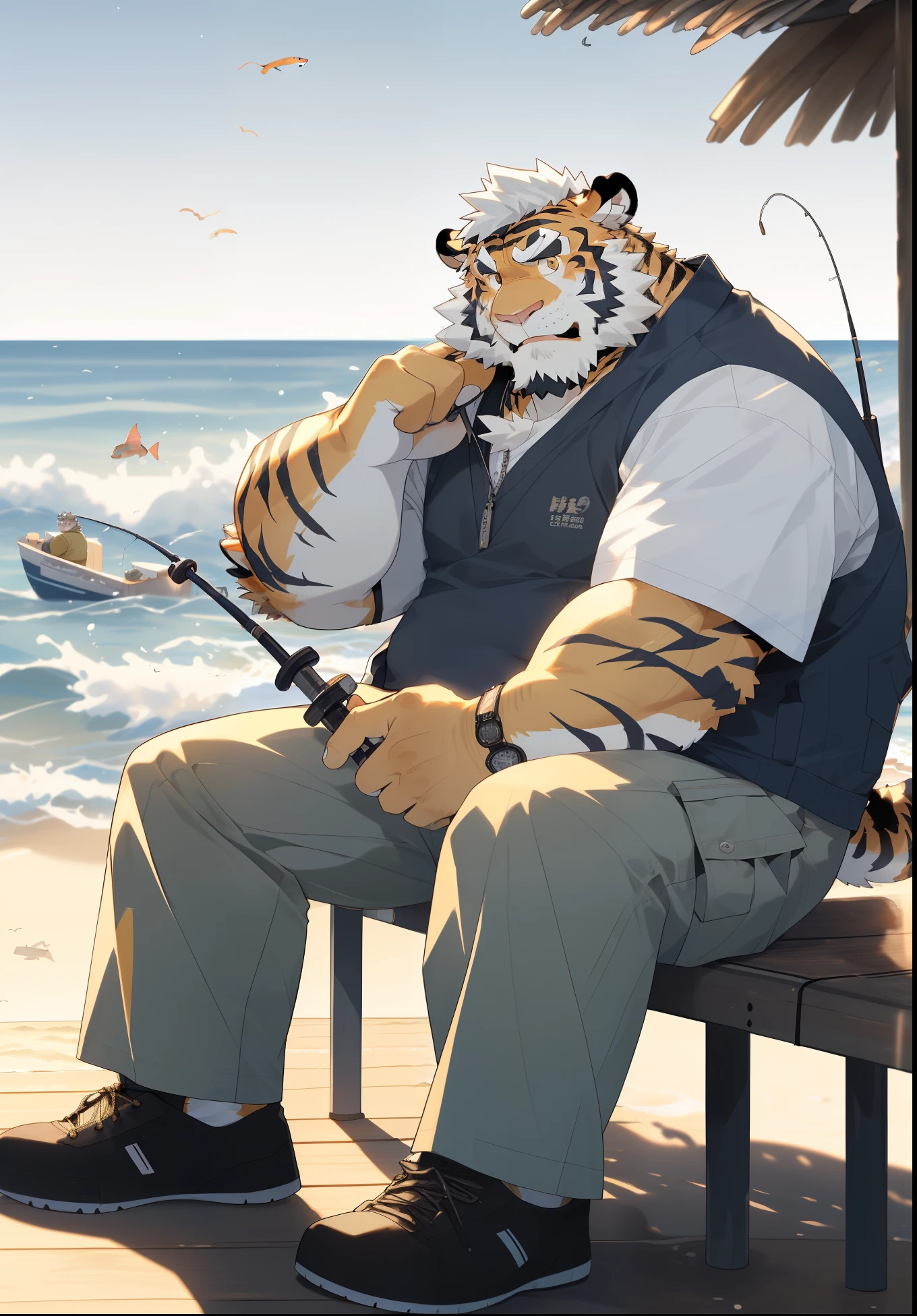 hairy，（tiger，Wearing a white vest，Gray cargo pants，Fishing with a fishing rod），Fishing at the Pier，Looking at the sea，beard，Golden fur，White short hair，Golden pupils，黑色beard，male，Common，Sitting on the seaside pier，Mature，Side view，Cartoon style，Holding a fishing rod and fishing，Real seaside background，极其lifelike阴影，masterpiece，Very detailed，lifelike。