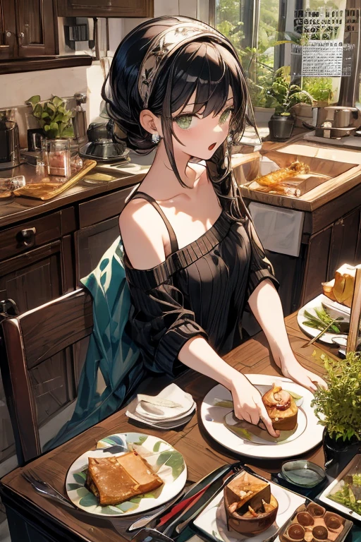 (small breasts:1.3), (perky chest:1.1), (pointed chest:1.0), (Pudding cake magazine cover:1.3)，(from above:1.0),(from side:0.9),masterpiece, 1girl, Amazing Cleavage:1.1, thin waist, big ass, Raised sexy, small breast: 1.3, posed cleavage:1.2、solo, looking at viewer, open mouth, have a cute grass of cute beergrass,black hair, dark green eyes, dress, bare shoulders, jewelry, collarbone, sidelocks, hairband, earrings, indoors, off shoulder, :o, sweater, arms behind back, plant, short hair with long locks, gild hairband, off-shoulder dress, sweater dress, off-shoulder sweater, red sweater, dark gord hair, big side hair, very long side hair,is rendered in (masterpiece: 1.2, best quality), with (ultra high resolution) and an exquisite (depth of field). This masterpiece is not only visually stunning but also tells,A scene of cooking in the kitchen by classroom 
