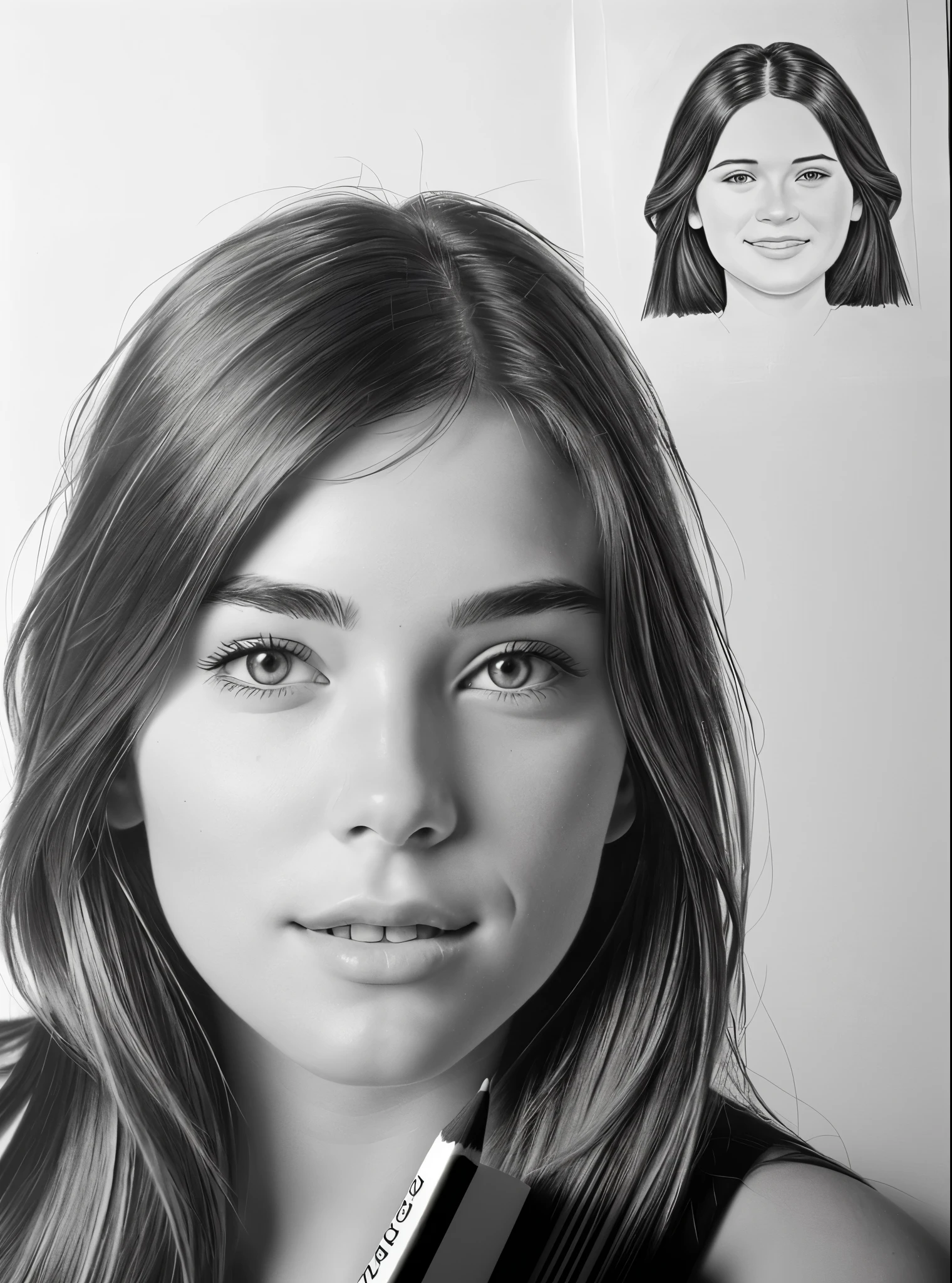 Help draw a picture from a photograph into a pencil drawing. Every detail is the same. There are no changes from the original photograph.. It's a black and white picture, just black and white. Don't change your face. Keep all original details.