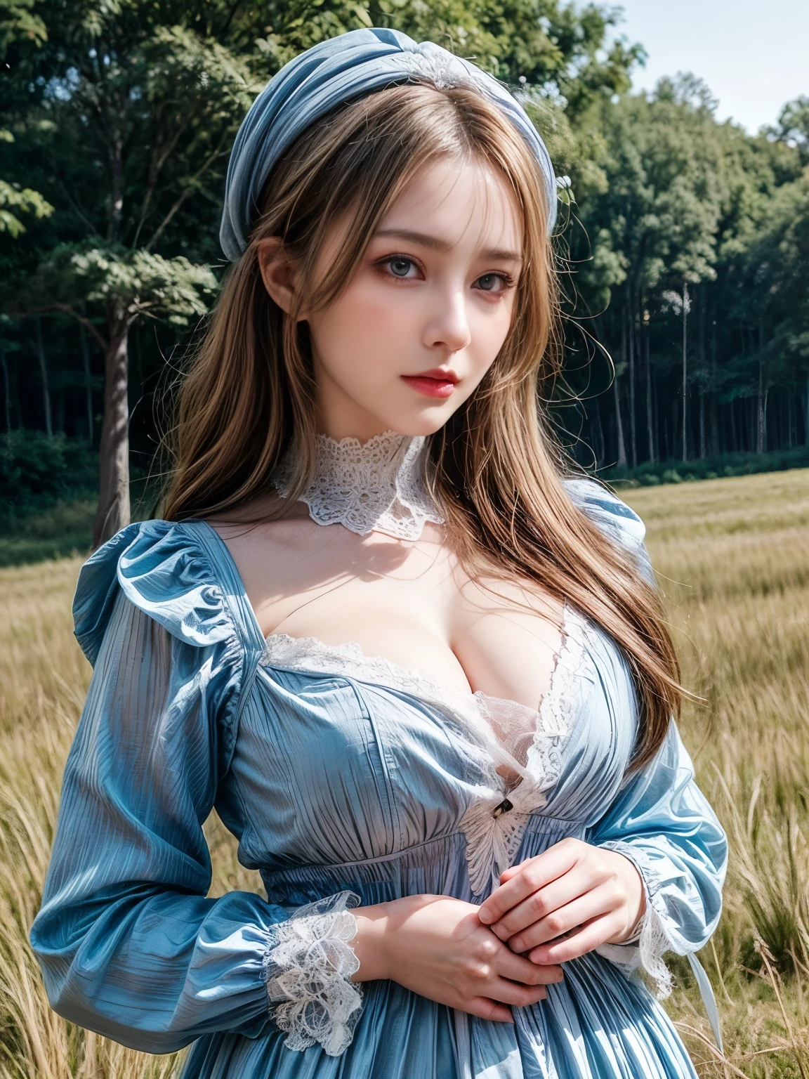 Classy sex appeal、Beautiful woman、Transparent skin、Perfect natural light、8K High Resolution、High resolution、Glowing Beautiful Skin、Transparent beauty、masterpiece、Moist eyes、Bright spot、Gravure quality、Light hair color、Fantastic medieval European style、On the prairie、Royal Blue Clothing、Long-sleeved clothing、Sister、High Priest、