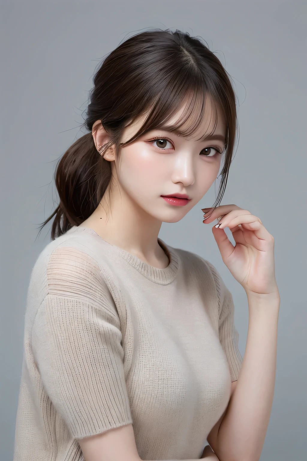 finely detail, hight resolution, hightquality、Perfect dynamic composition, Beautiful detailed eyes, Medium Hair, small tits、Natural Color Lip,Kamimehibuya、18 years girl、1 persons、Transparent skin、Glowing hair、masutepiece, Best Quality, Illustration, Ultra-detailed, finely detail, hight resolution, 8K、The correct state of the human body、Randomly cute poses,Ponytail hair,beauty legs,Perfect beautiful face,KPOP Idol Face,Face that feels ecstasy,Pale light grey knitted dress,Background blur,Randomly dress up as a model for a women's fashion magazine、Large Breasts、