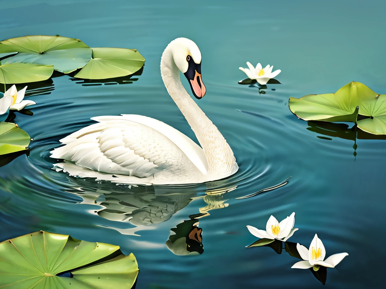 A graceful swan with pure white feathers and elegant lily pads detailed with delicate water droplets in the scales, a serene pond background in the background very tranquil, Karma, a representation of grace, in the style of Paul Catherall illustrations, 1200x800 resolution, conveying a sense of serenity and beauty, ethereal Charcoal Art illustration, theme: Water Serenity