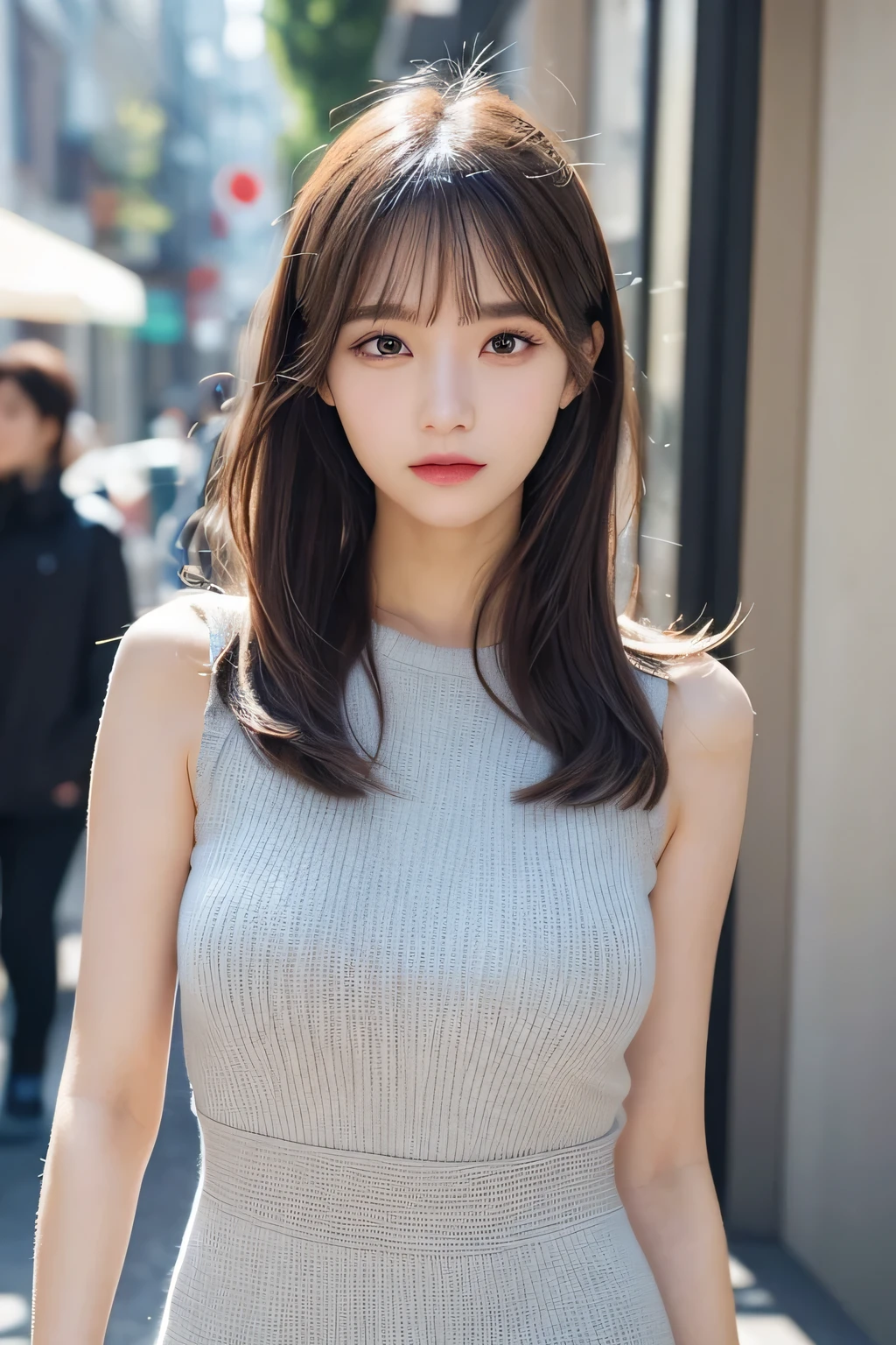finely detail, hight resolution, hightquality、Perfect dynamic composition, Beautiful detailed eyes, Medium Hair, small tits、Natural Color Lip,Kamimehibuya、18 years girl、1 persons、Transparent skin、Glowing hair、masutepiece, Best Quality, Illustration, Ultra-detailed, finely detail, hight resolution, 8K、The correct state of the human body、Randomly cute poses,Ponytail hair,beauty legs,Perfect beautiful face,KPOP Idol Face,Face that feels ecstasy,Pale light grey knitted dress,Background blur,Randomly dress up as a model for a women's fashion magazine、Large Breasts、
