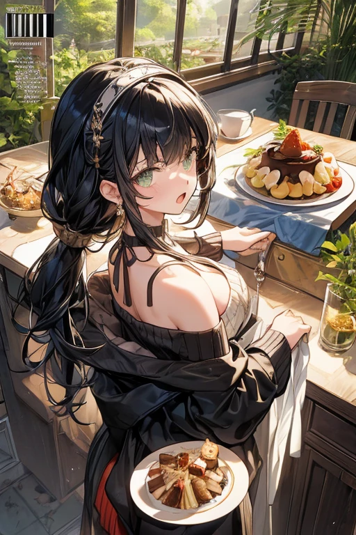 (small breasts:1.3), (perky chest:1.1), (pointed chest:1.0), (Pudding cake magazine cover:1.3),(from above:1.0),(from side:0.9),masterpiece, 1girl, Amazing Cleavage:1.1, thin waist, big ass, Raised sexy, small breast: 1.3, posed cleavage:1.2、solo, looking at viewer, open mouth, have a cute grass of cute beergrass,black hair, dark green eyes, dress, bare shoulders, jewelry, collarbone, sidelocks, hairband, earrings, indoors, off shoulder, :o, sweater, arms behind back, plant, short hair with long locks, gild hairband, off-shoulder dress, sweater dress, off-shoulder sweater, red sweater, dark gord hair, big side hair, very long side hair,is rendered in (masterpiece: 1.2, best quality), with (ultra high resolution) and an exquisite (depth of field). This masterpiece is not only visually stunning but also tells,A scene of cooking in the kitchen by classroom