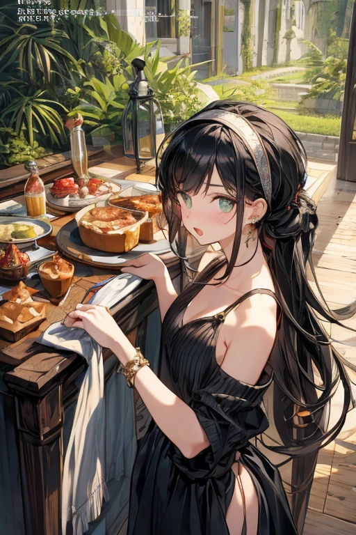 (small breasts:1.3), (perky chest:1.1), (pointed chest:1.0), (Pudding cake magazine cover:1.3),(from above:1.0),(from side:0.9),masterpiece, 1girl, Amazing Cleavage:1.1, thin waist, big ass, Raised sexy, small breast: 1.3, posed cleavage:1.2、solo, looking at viewer, open mouth, have a cute grass of cute beergrass,black hair, dark green eyes, dress, bare shoulders, jewelry, collarbone, sidelocks, hairband, earrings, indoors, off shoulder, :o, sweater, arms behind back, plant, short hair with long locks, gild hairband, off-shoulder dress, sweater dress, off-shoulder sweater, red sweater, dark gord hair, big side hair, very long side hair,is rendered in (masterpiece: 1.2, best quality), with (ultra high resolution) and an exquisite (depth of field). This masterpiece is not only visually stunning but also tells,A scene of cooking in the kitchen by classroom