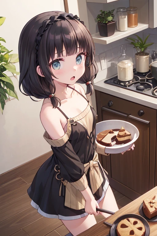 (small breasts:1.3), (perky chest:1.1), (pointed chest:1.0), (Pudding cake magazine cover:1.3),(from above:1.0),(from side:0.9),masterpiece, 1girl, Amazing Cleavage:1.1, thin waist, big ass, Raised sexy, small breast: 1.3, posed cleavage:1.2、solo, looking at viewer, open mouth, have a cute grass of cute beergrass,black hair, dark green eyes, dress, bare shoulders, jewelry, collarbone, sidelocks, hairband, earrings, indoors, off shoulder, :o, sweater, arms behind back, plant, short hair with long locks, gild hairband, off-shoulder dress, sweater dress, off-shoulder sweater, red sweater, dark gord hair, big side hair, very long side hair,is rendered in (masterpiece: 1.2, best quality), with (ultra high resolution) and an exquisite (depth of field). This masterpiece is not only visually stunning but also tells,A scene of cooking in the kitchen by classroom