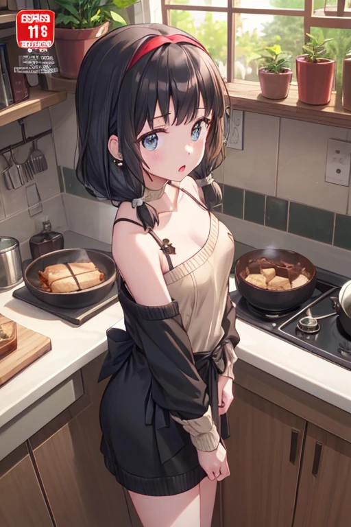 (small breasts:1.3), (perky chest:1.1), (pointed chest:1.0), (Pudding cake magazine cover:1.3),(from above:1.0),(from side:0.9),masterpiece, 1girl, Amazing Cleavage:1.1, thin waist, big ass, Raised sexy, small breast: 1.3, posed cleavage:1.2、solo, looking at viewer, open mouth, have a cute grass of cute beergrass,black hair, dark green eyes, dress, bare shoulders, jewelry, collarbone, sidelocks, hairband, earrings, indoors, off shoulder, :o, sweater, arms behind back, plant, short hair with long locks, gild hairband, off-shoulder dress, sweater dress, off-shoulder sweater, red sweater, dark gord hair, big side hair, very long side hair,is rendered in (masterpiece: 1.2, best quality), with (ultra high resolution) and an exquisite (depth of field). This masterpiece is not only visually stunning but also tells,A scene of cooking in the kitchen by classroom