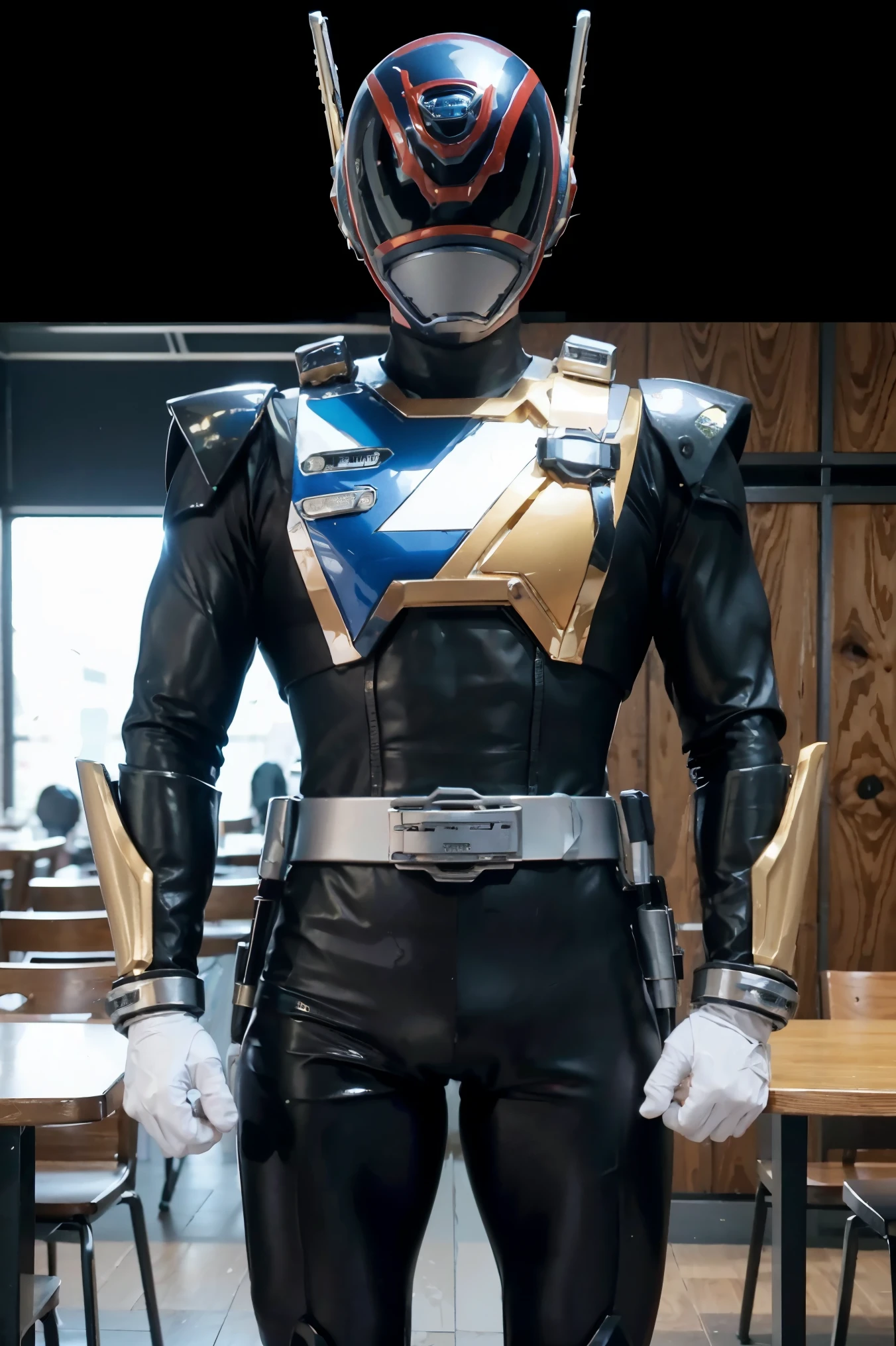 Fantasy background, cafe rpg style, empty chair, table, set of tea glass, (power rangers)), One guy、, ((black ranger suit)), red and blue chest armor with gold details,   costume, Solo, ((fit figure)), (Anatomically correct), Cowboy shot, masked face, guns, muscular build