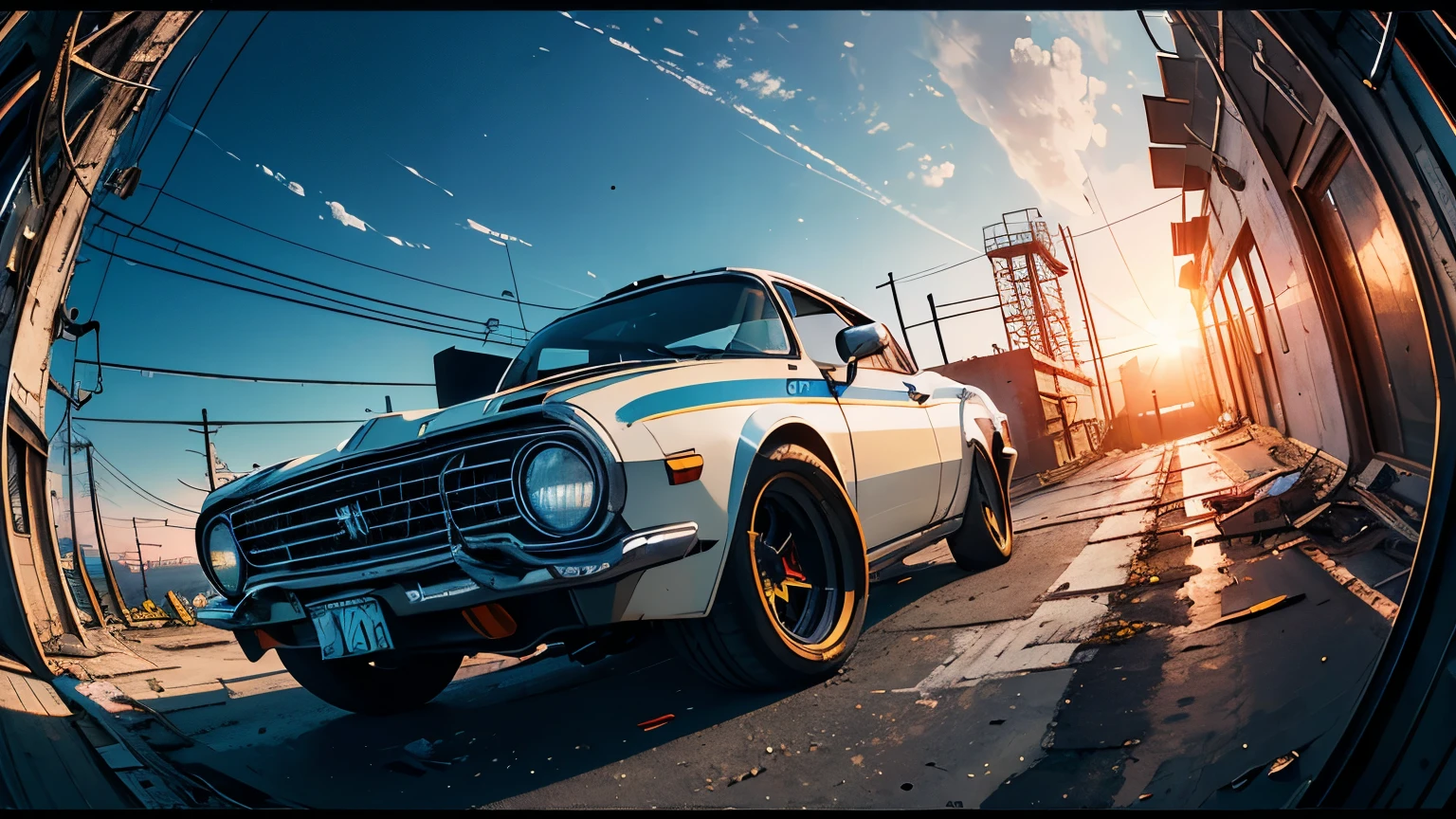 (Fish-eye lens),Icon, Logo, Very Wide White Background, Extreme Quality, Masterpiece, 8k, Depth of Field, Complex Detail, (No People), Very Large Margin, Lots of Text, Corporate Logo, Space, Motif, Emblem, Movie Poster-Like, Fisheye, (Abandoned Factory), (Lots of Wires), Spacecraft, Moon, Sun Flare, sunset,