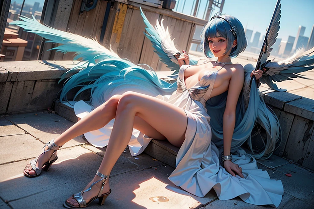 White dress, full body, 1girl, 1 Screen View, arched back, puffynipple, cheerful, grin, (rooftop:0.9), (Wings are growing:1.8), (desert:0.7), (nsfw:1.1), (see through:1.1), (Light-pigmented nipple:1.1), (No underwear:1.3), (fluffy bob cut:1.2), (sky blue hair:1.6), (hair ribbon:0.9), (flower hair ornament:0.8), (bridal hair accessory:0.7)