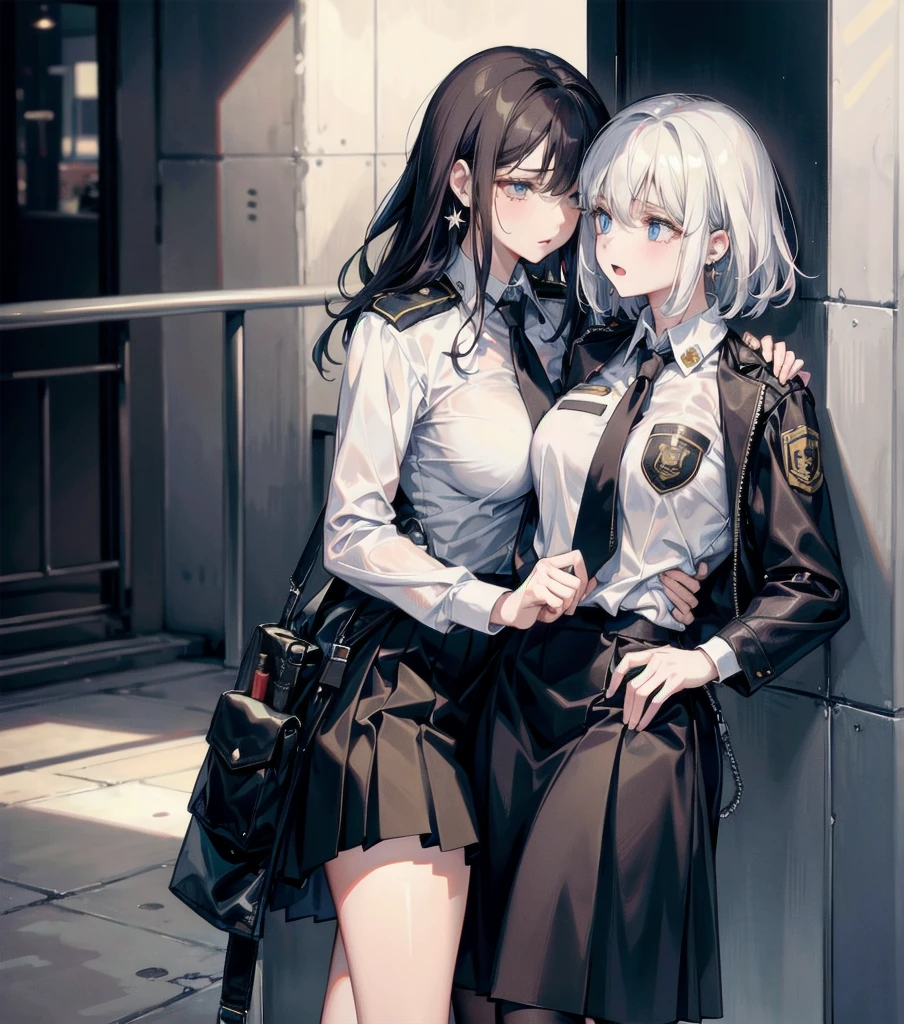 (((yuri))), (((2 girls))), ((police uniform)), absurdres, RAW photo, extremely delicate and beautiful, masterpiece, Best Quality, ultra high resolution, 32k, hyperrealistic, ultra-detailed, detailed description, perfect ???????, pale skin, 20 years old, detailed beautiful face and eyes, tearful mole, earring, short medium hair, wavy hair, random colored hair, whole body shot, colossal tits, collared shirt, skirt, 